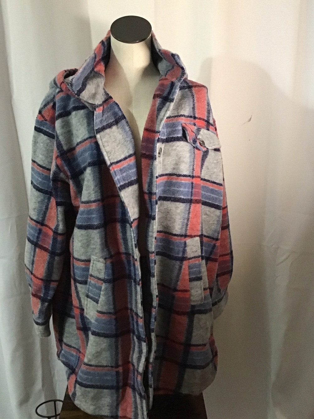 Tribal Plaid Utility Jacket in Gray, Blue & Pink